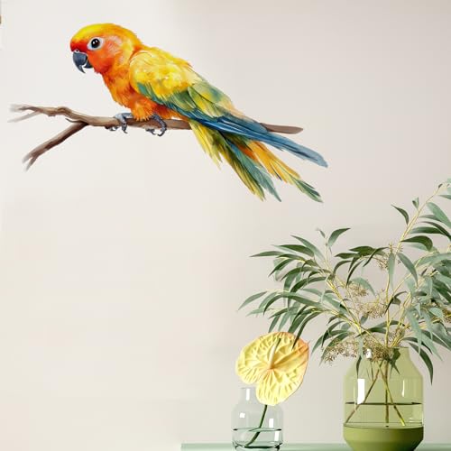 Colorful Parrot On A Branch Bird Wall Decal Animal Wall Sticker | Removable, waterproof, vinyl peel and stick wall art for nursery, baby room, classroom, preschool, living room, and playroom