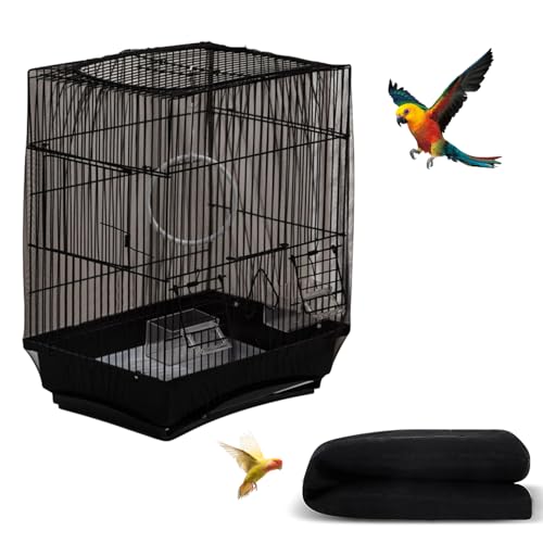 Bird Cage Seed Catcher, Seed Catcher Guard Net Cover, Parrot Nylon Mesh Net Cover, Universal Soft Airy Cage Net Stretchy Skirt for Round Square Cages (Solid-Black, 15.7" x87") - color: Solid-black, size: 15.7" x87"