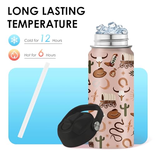 Western Cowboy Gifts - 16oz Kids Water Bottle with Straw Lid, Stainless Steel Insulated Tumbler, Leak Proof, BPA-Free, for Boys, School, Travel - Wild West Rodeo Cowgirl Kids Birthday Gifts Cups(1pc) - color: Cowboy1, size: 16 Ounces