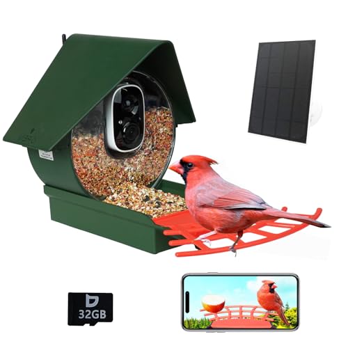 Smart Bird Feeder with Camera Solar Powered, AI Auto Capture Bird Videos & Motion Detection, Bird Watching Camera Notify in Time, Wireless Camera Ideal Present for Bird Lover (Olive Green) - color: Green, size: Basic