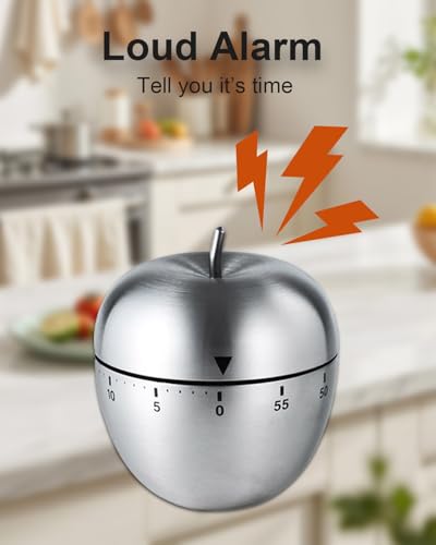 Kitchen Timer for Cooking, 60 Minutes Mechanical Timer - No Batteries Required, Stainless Steel Apple-Shape Cute Countdown Clock for Cooking, Learning, Exercises, Gaming - color: Silver2