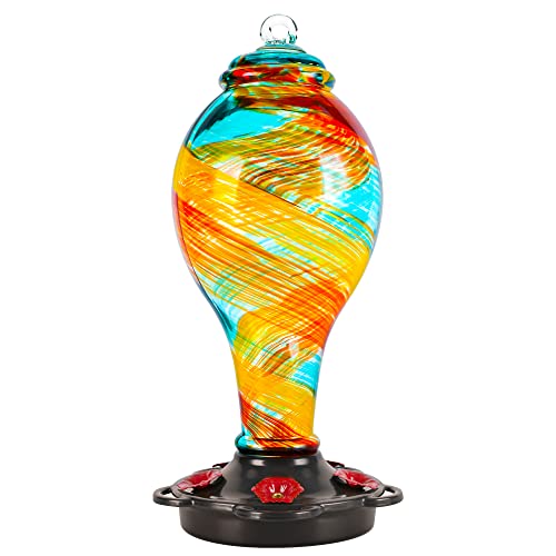 LUJII Hand Blown Glass Hummingbird Feeder for Outdoors Hanging with Ant Moat, 36 fl.oz, Leak Proof & Rustproof, Metal Base with 5 Feeding Ports & 5 Perches, Unique Garden & Backyard Decor (Ribbon) - color: Ribbon, size: Large