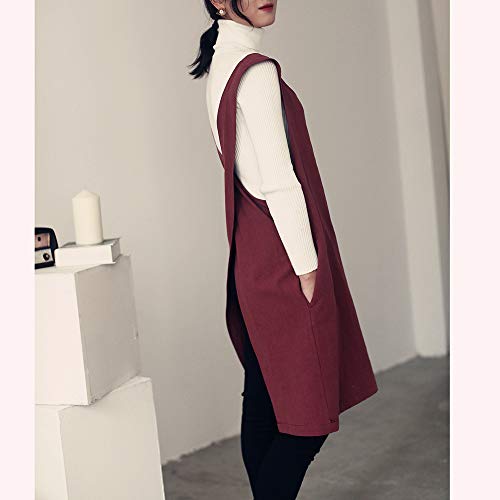 Cotton Linen Japanese Apron Halter Cross Back Bandage X Shape Aprons Two Pockets - color: Dark Red