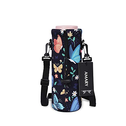 AMARY 500ML Neoprene Water Bottle Carrier Bag with Adjustable Shoulder Strap,Insulated Water Bottle Cover for Stainless Steel/Glass/Plastic Bottles 16.9OZ (Butterfly-2) - color: Butterfly-2