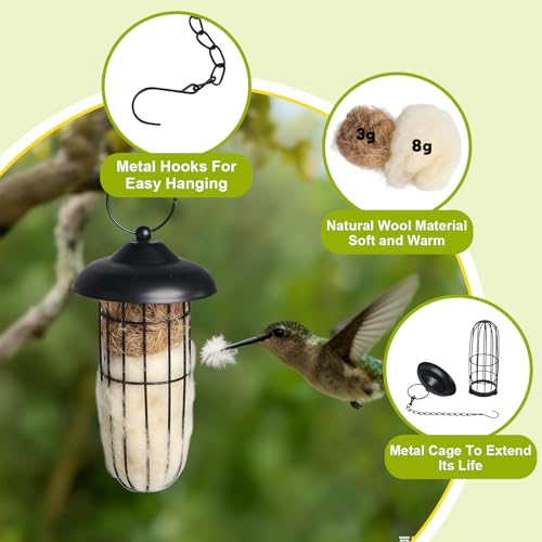 2PCS Bird Nesting Material, Refillable Hummingbird Nesters Metal Cage Holder with Wool Material for Wild Birds Nesting Station, Nest House for Bird Lover Gifts, Bird Watching Gifts for Outdoor Patio - color: Black-2pcs