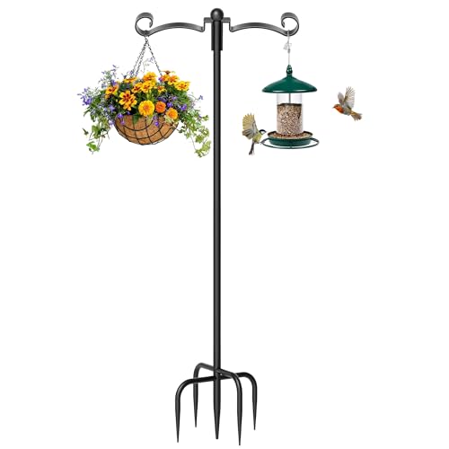 88" Adjustable Double Shepherds Hook for Outdoor, Heavy Duty 3/4" Thick Bird Feeder Pole with 5-Prong Base for Hanging Plant Baskets, Hummingbird Feeder, Solar Lights, Lanterns (1 Pack) - size: 1 Pack