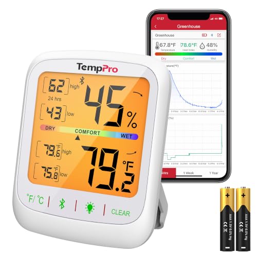 TempPro TempAir Bluetooth Hygrometer Thermometer with Large Backlit LCD | 260 ft Wireless Remote Temperature and Humidity Monitor, Indoor Room Thermometer and Humidity Gauge with Max Min Records