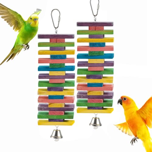 2 PCS 9.84" Multicolored Bird Toys - Stress Relief Chew Parrot Toys, Natural Wooden Blocks, Hanging Bird Cage Accessories, for Parakeets, Cockatiels, Conures, Budgies, Lovebirds - style: Style 1