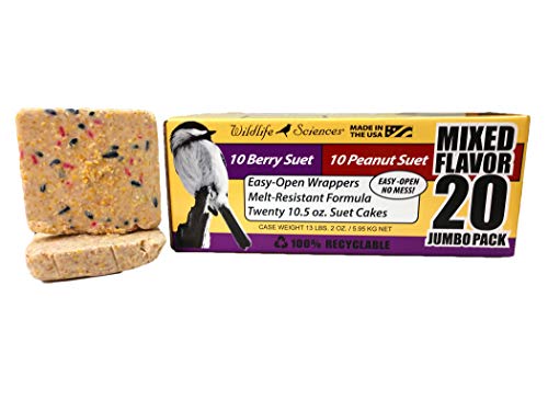 Wildlife Sciences Suet Cake Jumbo Mixed 20 Pack | 10 Peanut & 10 Berry 10.5 oz. Suet Cakes for Wild Birds