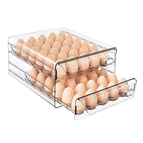 HIYOHIYO Clear 60 Grid Egg Organizer for Refrigerator with Drawers, 2-Tier | Large Capacity with Time Scale Marking | Sturdy Egg Storage for Fridge | Stackable Eggs Container for Fridge and Countertop - size: 60 Grids-2 Layer