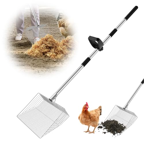 Chicken Poop Scooper with Ergonomic Grip | 15-inch Large Sifting Head, Adjustable Length 24 to 70", Stainless Steel, for Chicken Coop/Goat Stall/Stable Cleaning