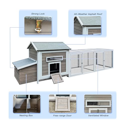 YOPTO Wooden Chicken Coop, 114 in, Outdoor Run, Gray | Solid wood, Asphalt roof, Outdoor run, 2-compartment nesting box, Pull-out tray, Ventilated design - size: 118.0"L x 27.6"W x 36.6"H