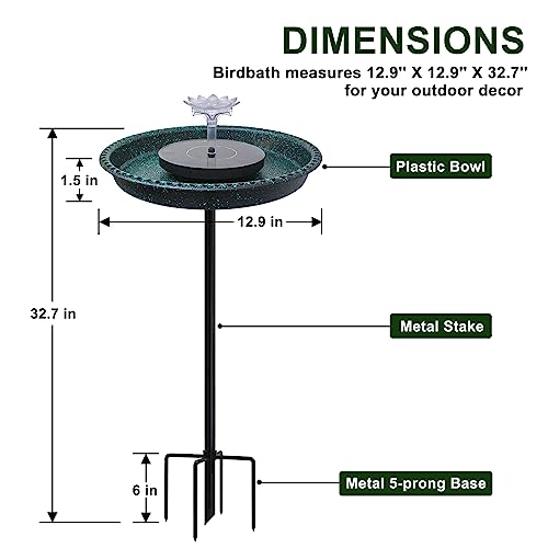 Bird Bath with Solar Fountain, Durable 5-Prong Base Solar Bird Bath with Stable Metal Stake, Detachable Solar Powered Bird Baths for Garden Outdoor Yard Lawn, Spotted Green