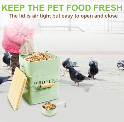 Metal Bird Seeds storage container,Outdoor Bird Container Canister, Pet Food Bin with Wooden Lid/Handle/Food scoop,hold 5-6 Lbs of Wild Bird Seed Sunflower Seed-Preventing Squirrels-Green - color: Green