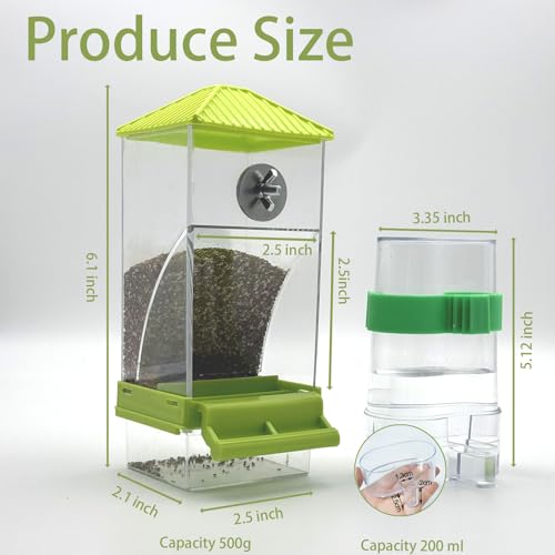Automatic No Mess Bird Feeder Water Dispenser Set | Acrylic Transparent Parakeet Cage Accessories Bird Feeder and Waterer in Cage for Small and Medium Cockatiel Finche - color: Green + Green
