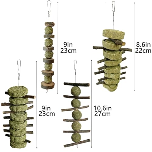 LWINGFLYER 4 Pack Bunny Chew Toys Apple Wood Chews Rabbit Cage Hanging Grass Cake Snack Treat for Teeth Grinding Improve Small Pet Guinea Pigs Chinchillas Hamsters Parrots Dental Health