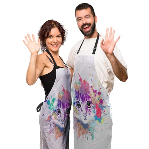 Housewife Apron for Women Abstract Colorful Cat Fun Aprons for Men for Kitchen Cooking Restaurant BBQ Painting Crafting Gardening 27” (W) x 31” (H), Waterproof Apron - color: Abstract Colorful Cat