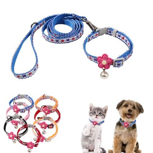 Puppy Collar XS with Bell Leash Set,Basic Puppy Collars Floral Print for XXS Xs Small Cat Pet Animal Litter Tiny Kitten Boy Girls, Blue - color: Blue