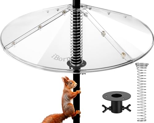 iBorn Spring Squirrel Baffle for Bird Feeder Pole, 19.6” Oversized Spring Squirrel Guard Defender, Bird Feeder for Outdoors Protector, Metal Spring & Buckle, Polycarbonate(PC) Baffle, Pack of 1,Clear