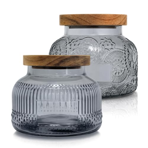 Decorative Grey Glass Jars with Airtight Wooden Lids 2 pack, 25.4 fl. oz | Wide mouth vintage storage canister, kitchen pantry bathroom organization, coffee sugar tea cookie candy candle vase gift - size: 25.4 Ounces, style: Grey 2pc