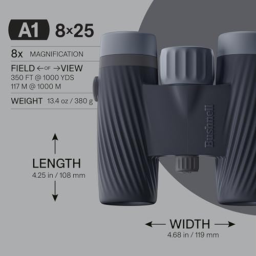 Bushnell A1 8x25 Binoculars Ebony Black | Waterproof, Fogproof, 8X Magnification, Fully Multi-Coated Lenses & Rubber Armor - color: Ebony Black, size: 8x25