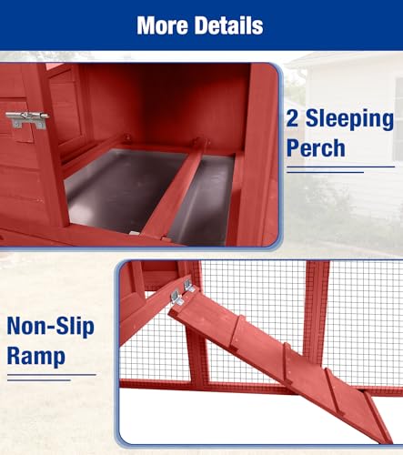 Mobile Chicken Coop with Run Outdoor Hen House with Slide-Out Tray Waterproof Roof Large Nesting Box 2 Perches Non-Slip Ramp Red - color: 73.4“L Red & White