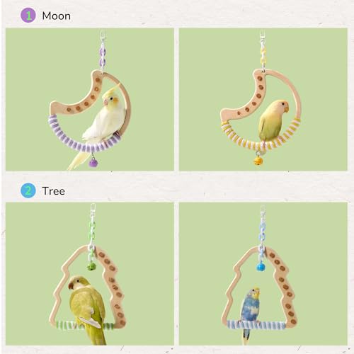 Natural Bird Swing - Tree-Shaped Parrot Perch with Bell and Cork Toys, Spinning Wooden Stand for Parakeets, Budgies, Lovebirds and Small/Medium Birds (White + Blue) - color: Blue, size: 6.57"L x 0.48"W x 7.08"H