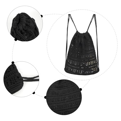 Lobagve Handmade Crochet Cotton Drawstring Backpack Boho Purse Leisure Daypack - color: Hollow Out-black