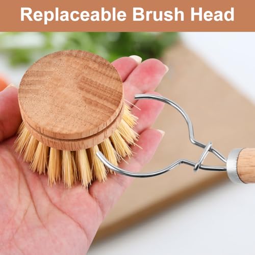 Bamboo Dish Brush with Handle, 3 Natural Bristle Heads | (Horsehair, Sisal, Palm) Replaceable Heads, Wooden Dish Brush for Washing and Cleaning Pot Pan Bowl