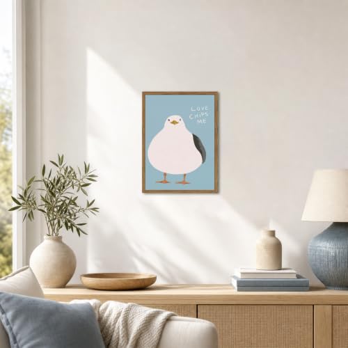 Funny Seagull Wall Art, Love Chips Me Quotes Wall Decor Painting Cute Beach Animal Poster Canvas Prints Picture for Living Room Bedroom Bathroom 12x16 inch Wood Framed - color: Animal-Z, size: 16"L x 12"W