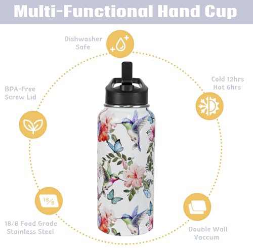 Hummingbird Water Bottle with Straws Insulated Bottle Birds Floral Travel Thermal Double Walled Vacuum Cup Leak Proof Stainless Steel Tumbler Birds Lovers Decor Gifts-32 oz - color: White