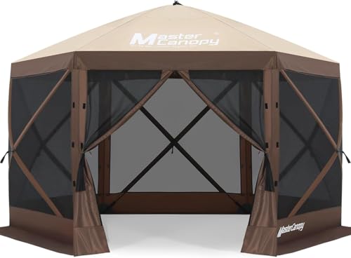 MASTERCANOPY 10x10FT Pop Up Gazebo Screen Tent - Instant Screen House with Netting, Quick Set, Outdoor Canopy Shelter with Carry Bag for Camping, Backyard & Patio (Beige&Coffee) - color: Beige&Coffee, size: 10x10 ft