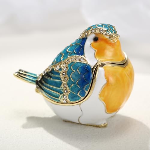 Hand Painted Enamel Robin Bird Trinket Box, Hinged Unique Mini Ring Necklace Jewelry Organizer, Classical Bejeweled Storage, Figurine Collectible Keepsake Home Decor (Robin Bird) - color: Robin Bird