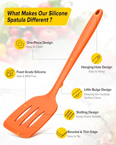 Pack of 2 Silicone Spatula Turners, Non Stick Slotted Kitchen Spatula Set, Heat Resistant BPA Free Kitchen Utensils, One-Piece Design, Suitable for Flipping Fish, Eggs, Steak, Pancakes (ORANGE) - color: Orange