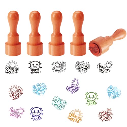 AHANDMAKER 5 Styles Mini Teacher's Day Wooden Rubber Stamp, Small Positive Encouragement Patterns Stamps for Teacher Rating DIY Making Scrapbooking Card Stamping Pottery Clay Crafting - style: Teacher's Day