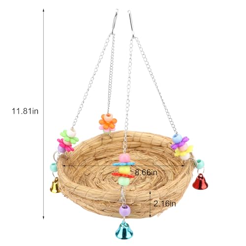 Hypeety Natural Handwoven Straw Bird Nest Bed Bird Swing Toy with Bells | Natural straw, handwoven, breathable and chewproof nest, easy-hanging with 2 hooks, for parakeet/cockatiel/budgie cage perch - color: A