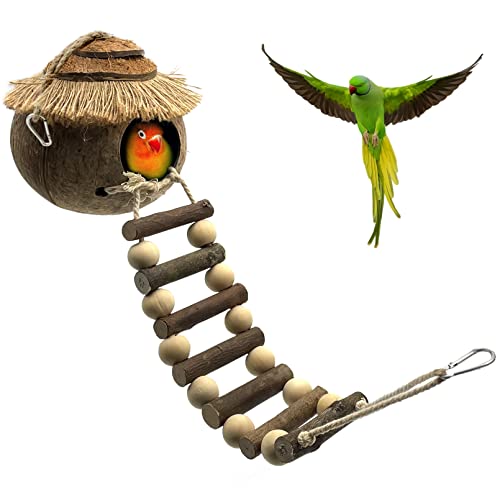 Tfwadmx Hanging Bird House with Ladder Natural Coconut Fiber Birds Nest Coco Shell Hideaway Lovebird Swing Toys Parrot Cage Accessories for Parakeet Finch Parrot Canary