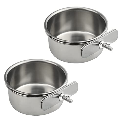 2Pack Bird Feeding Dish Cups Stainless Steel Parrot Feeders Water Cage Bowls with Clamp Holder for Parakeet Conure Cockatiels Macaw Small Animal (10cm)