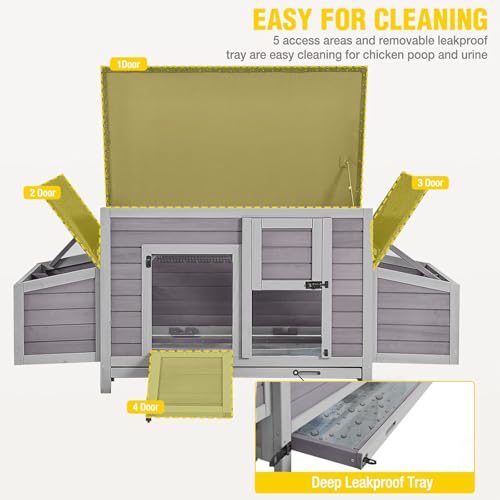 Chicken Coop for 3-4 Chickens, Large Chicken House with 2 Nesting Boxes & 6 Perches, Weather-Resistant Solid Wood Poultry Coop with Removable Cleaning Tray, Suitable for Backyard Patio Garden - color: Grey, size: 67.2"L x 25.4"W x 28.1"H
