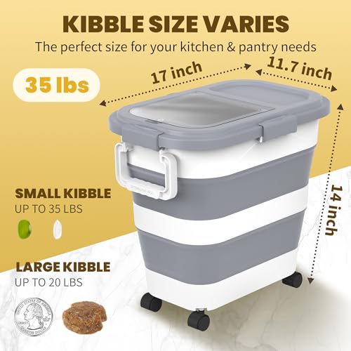 HOYTAMDA 25-35Lbs Rice Container,Collapsible Food Storage Container Wheels | Rice Storage Container with Airtight Locking Lid,Handle,Small Bin &Scoop,Rice Dispenser for Flour Sugar Cereal Grain Dog Cat - color: Grey/25-35lbs