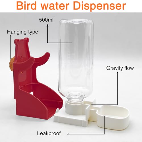 VCEPJH No Mess Bird Feeder and Water Dispenser Automatic Parrot Feeder Cage Accessories Orange Bird Drinker Parakeet Seed Dispenser with Cage Perch for Lovebirds Conures Budgies Canary Finch (Red) - color: Red