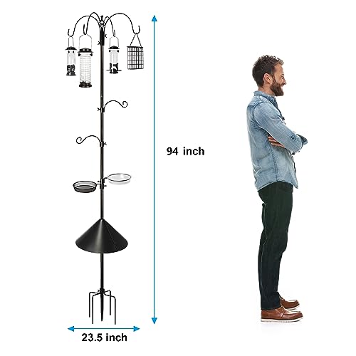 6-Hook Bird Feeding Station with Squirrel Baffle, 94 Inch | Multi-Feeder Kit Stand Pole for outdoors with 4 Bird Feeders, Bath Bowl, Mesh Tray for Attracting Wild Birds
