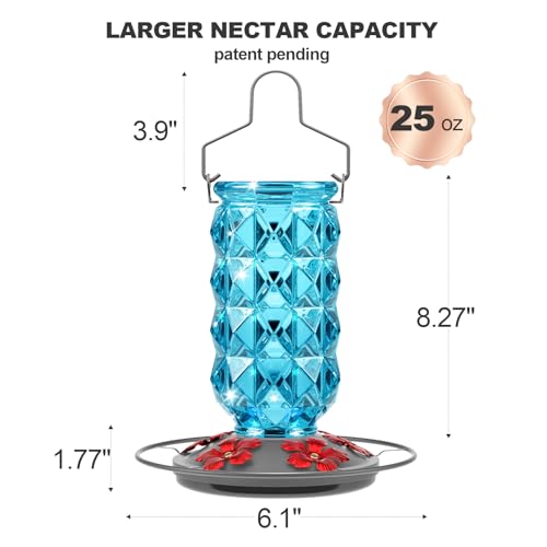 2 Pack Glass Hummingbird Feeders for Outdoors, 25 Ounces Wild Bird Nectar Feeder with Perch & 5 Flower Feeding Ports Leak Proof Hanging for Garden Backyard Decor, Gifts for Women Mom, Red & Blue - color: 2 Pack Diamond Sparkling Red & Blue