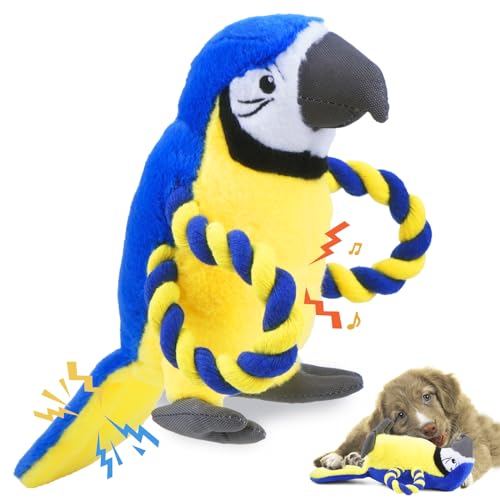 Upgraded Dog Squeak Toys Tug of War Squeaky Parrot Dog Toys with Strong Pull Rope, Superior Crinkle Paper and Big Squeaker Interactive Plush Bird Chew Toys for Small, Medium, and Large Dogs