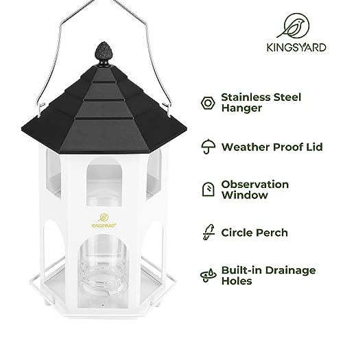 Kingsyard Metal Bird Feeder for Outdoor Hanging, Wild Bird Feeders with Circular Perch, Easy to Clean & Refill, 4 lbs Large Seed Capacity, White - color: White