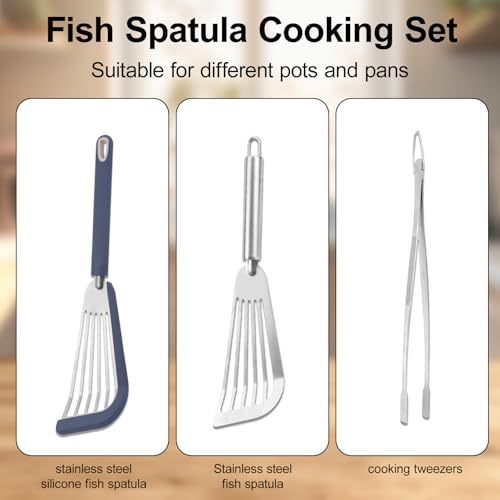 3pcs Silicone Fish Spatula Set with Stainless Steel Turner & Tongs Tweezers, Heat-Resistant Flexible Kitchen Utensils for Nonstick Cookware for Flipping Fish Meat Pancakes Eggs & Burgers