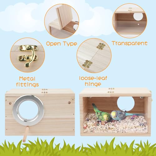 Rypet Parakeet Nesting Box, Cockatiel Bird Nest Box with Perch(XL) | Wood Bird Cage House, Transparent Thwartwise Design, Warm & Durable for Cockatiel Lovebirds Budgie Finch Parrotlets Canary - size: X-Large