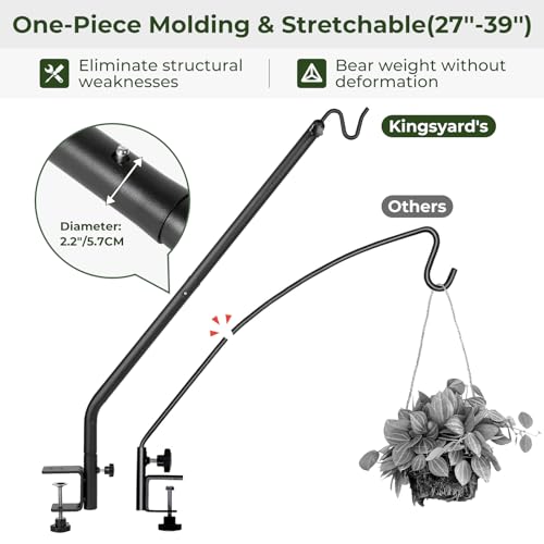 Kingsyard Heavy Duty Deck Hook, 27"-39" Adjustable Metal Deck Railing Hooks for Hanging Bird Feeders, Planters, Suet Baskets, Lanterns, Wind Chimes, Clamp Mounted - size: 27"-39" Clamp Mounted
