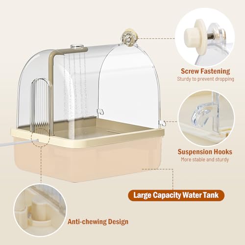 Automatic Bird Bath for Cage, Parakeet Bath with Pump | Indoor Bird Shower with Running Water, Filter, Bird Cage Accessory for Pet Birds Conure Budgies Cockatiels Lovebird - color: Light brown