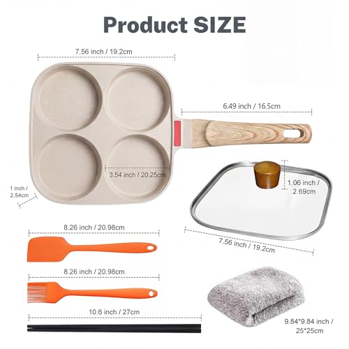 4‑Cup Nonstick Egg Pan Set with Lid – Aluminum Omelette Skillet for Breakfast, Includes Silicone Scraper, Oil Brush, Chopsticks & Cleaning Cloth – Compatible with Gas & Induction Cooktops (White) - color: White